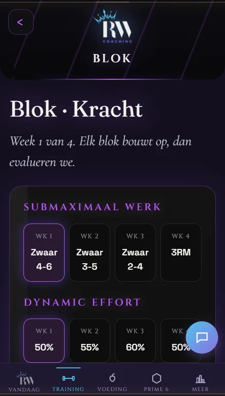 Scherm uit de app: een krachtblok met per week het werk