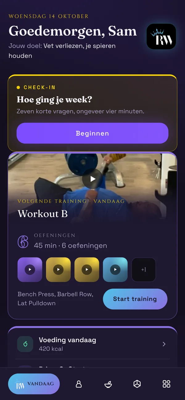 Het scherm Vandaag in de RW Coaching app, met een voorbeeldaccount: je check-in van de week en je volgende training