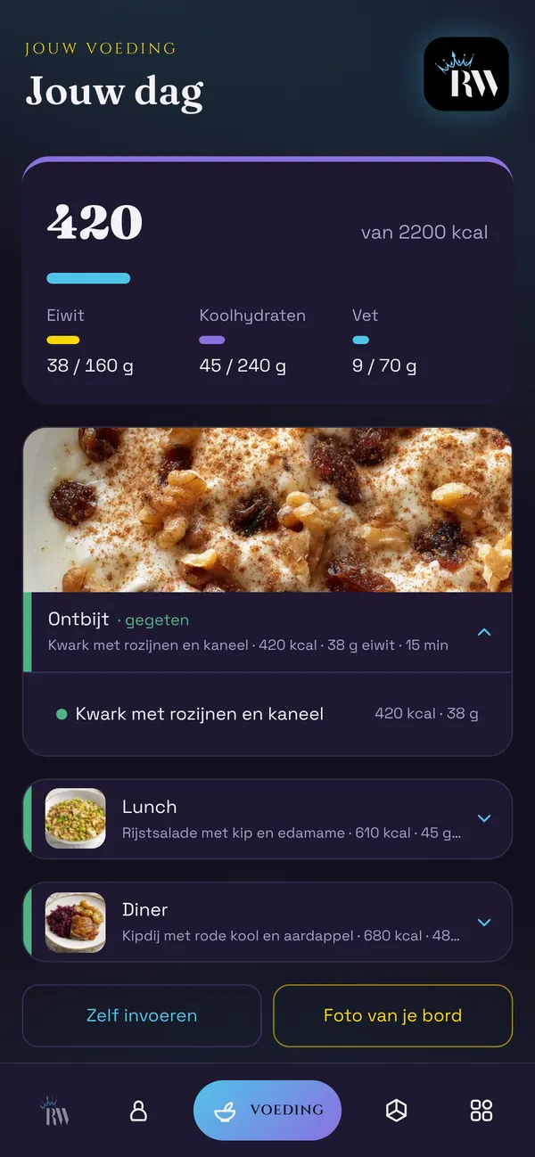 Scherm Voeding: het dagplan met maaltijden en je eiwit, koolhydraten en vet