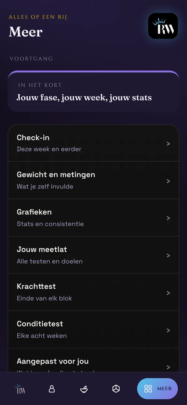 Scherm Voortgang: check-in, gewicht en metingen, grafieken, meetlat, krachttest en conditietest